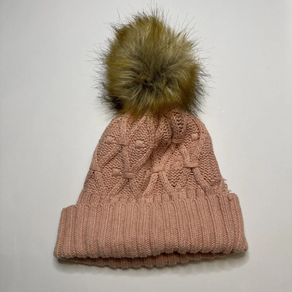 Gap Kids Girls Pink Cable Knit Beanie Faux Fur Pom Pom Hat Size S 5-6 Years‎